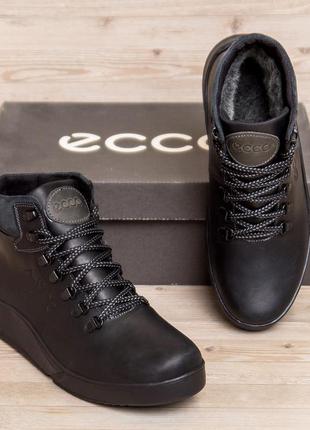 Зимові шкіряні спортивні черевики на хутрі ecco nubuck black6 фото