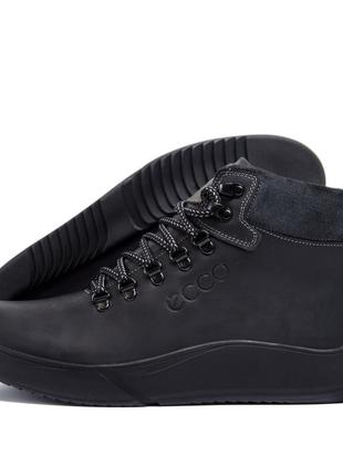 Зимові шкіряні спортивні черевики на хутрі ecco nubuck black9 фото