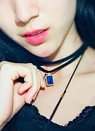 Замшевий чорний ошатний, святковий чокер чоккер шию стрічка нашийник шнурок з синім каменем нефрит