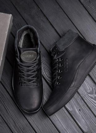 Зимові шкіряні спортивні черевики, кросівки на хутрі ecco nubuck black5 фото