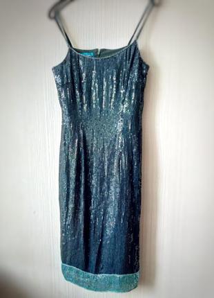Новогоднее изумрудное платье-комбинация пайетки бисер3 фото