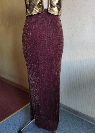 Длинная юбка мелкая плиссировка разрез люрекс цвет марсала2 фото