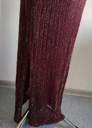 Длинная юбка мелкая плиссировка разрез люрекс цвет марсала4 фото