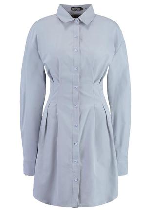 Платье рубашка с длинным рукавом на защипах поатье на пуговицах голубое серое7 фото
