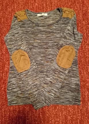 Меланжевий легкий светр з замшевими вставками