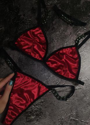 Сексуальный красный бархатный велюровый комплект нижнего белья с цепями 🖤3 фото