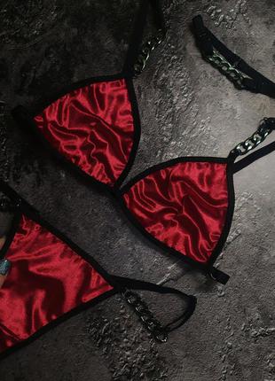 Сексуальный красный бархатный велюровый комплект нижнего белья с цепями 🖤1 фото