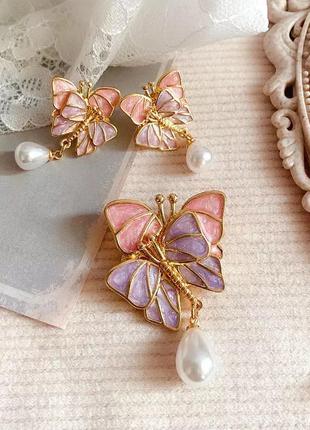 Красивые серьги бабочки с жемчужиной4 фото