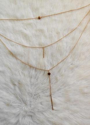 Золота тонка ланцюжок потрійна подвійна з підвісками кулонами паличкою багаторівнева6 фото