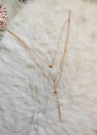Золота тонка ланцюжок потрійна подвійна з підвісками кулонами паличкою багаторівнева3 фото