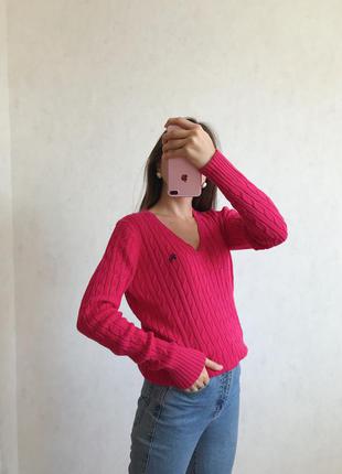 Малиновый розовый коттоновый свитер в косы