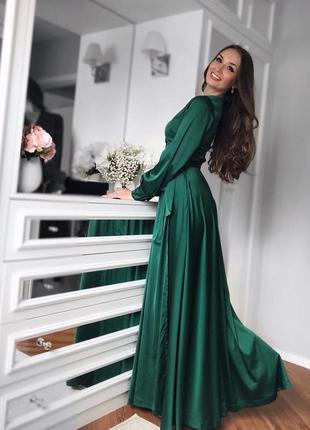 Зеленое нарядное вечернее платье макси длинное рукав8 фото