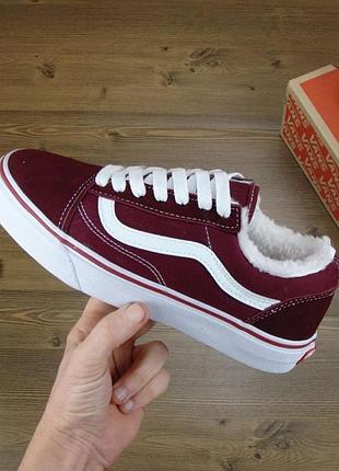 Зимние бордовые кеды с мехом венс унисекс vans winter бордові зимні кеди з хутром