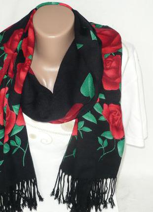 Новий яскравий натуральний м'який шарф, шаль палантин в квіти натуральний жіночий шарф
