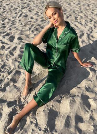 Піжама жіноча шовк натуральний "токіо" зелена піжама натуральний шовк6 фото