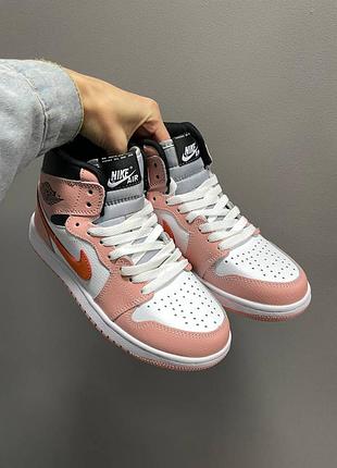 Жіночі високі шкіряні кросівки nike air jordan 1 retro рожеві з помаранчевим 🆕