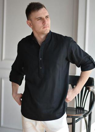 Мужская рубашка из 100% льна с воротником стойка и закатывающимися рукавами, льняная рубашка