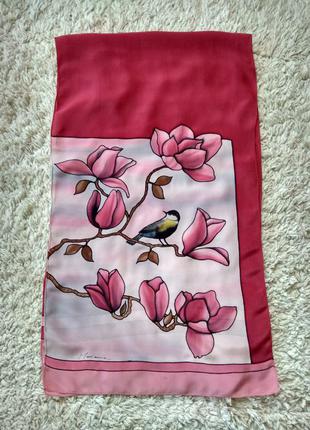 Шелковый дизайнерский платок палантин батик " птичка и магнолия" от marinne, ручная роспись8 фото