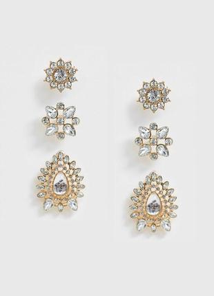🌸💎набор сверкающих нарядных серьг-гвоздиков: 3 пары с кристаллами от asos