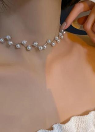 Изысканное утончённое ожерелье чокер для изящных леди. вечерний и повседневный образ. жемчуг колье белый золото золотистый с жемчугом цепочка3 фото