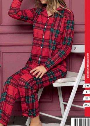 Бавовняна піжама туреччина піжама кофта на гудзиках штани піжама в клітинку модна піжама клітина новорічна піжама новорічна піжама1 фото