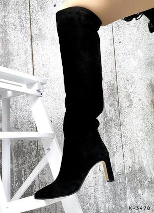 Натуральная замша, элегантные черные женские ботфорты на каблуке5 фото