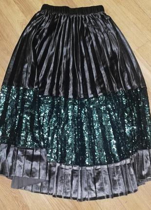 Новогодняя нарядная юбка плиссе в пайетки 0