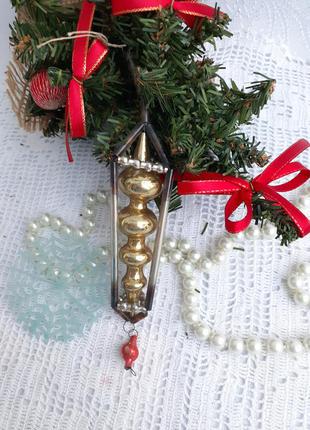 Ліхтар ялинкова іграшка срср стеклярус ліхтарик скляні трубочки новорічна підвіска радянська вінтаж8 фото