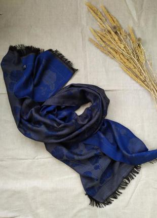 Двусторонний шарф палантин тонкая шерсть + шелк laferriĕre синий серый2 фото