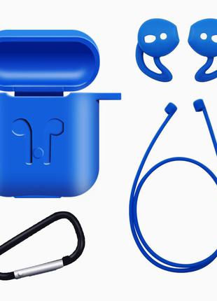 Комплект захисний силіконовий чохол з карабіном для airpods та tws + амбушюр + шнурок для навушників синій