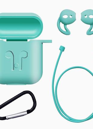 Комплект захисний силіконовий чохол з карабіном для airpods та tws + амбушюр + шнурок для навушників бірюзовий
