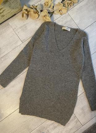 Шерстяной ангоровый серый джемпер с v-образным вырезом в рубчик свитер пуловер шерсть ангора