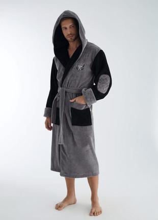 Чоловічий махровий халат nusa з капюшоном сірий