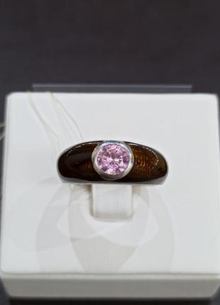 Серебряное кольцо с эмалью и розовым кварцем 18 размер