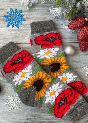 Шкарпетки жіночі шерстяні в‘язані новорічні теплі носки із овечої шерсті на новий рік 2023 «сонями на сірому»,р. 37-41