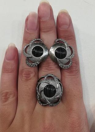 Набір з срібла кільце/перстень + сережки з каменем котяче око