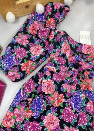 Платье в цветы с объемными рукавами-буфами/поясом зара/zara2 фото