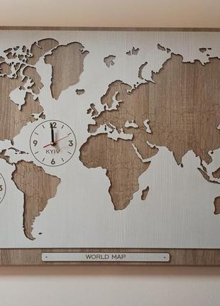 Карта мира с часами деревянная карта мира часы разных стран декор офиса ексклюзивный подарок