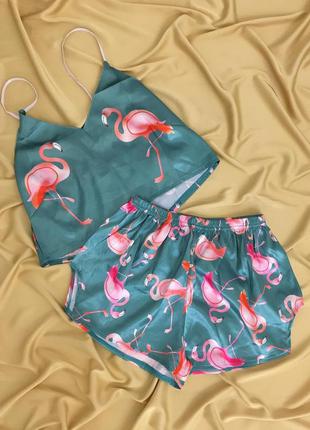 Шелковая пижамка фламинго изумруд3 фото