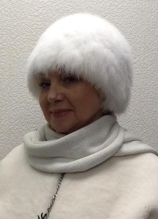 Шапка мех в виде сноп женская песец белая вязка
