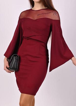 Очень красивое бордовое платье с сеткой и широкими рукавами/ приталенное/ мини