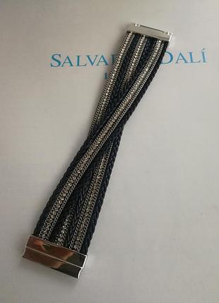 Браслет ремінець темно синій еко шкіра косичка з камінням