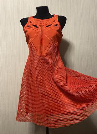 Красное морковное платье с сеткой миди2 фото