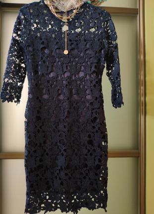Кружевное синее новогоднее вечернее мини платье из кружева с кружевом3 фото