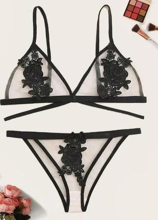 Розкішний жіночий комплект нижньої білизни з сіткою і вишивкою.