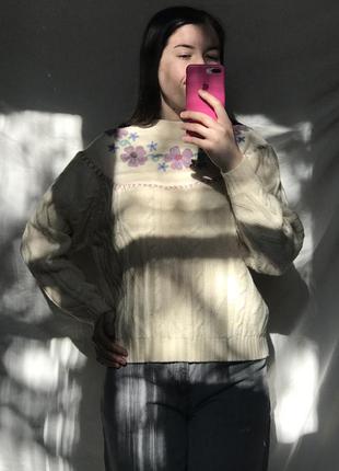 Вінтажний вовняний светр з квітами з вишивкою з косами шерсть вінтаж ретро3 фото