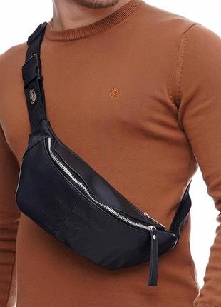 Кожаная сумка на пояс g-savor (с карманом), цвет черный