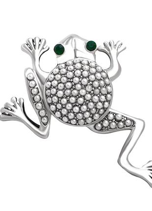 Брошка жаба з намистинами під срібло брошка срібляста жаба пін значек2 фото