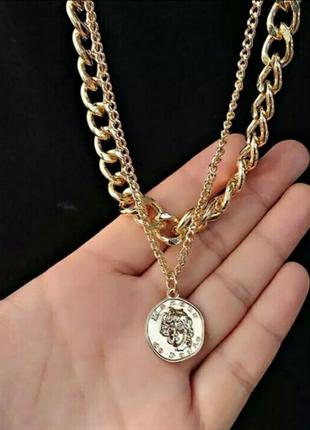 Ожерелье колье чокер цепочка с подвеской монетка золотистое серебристое