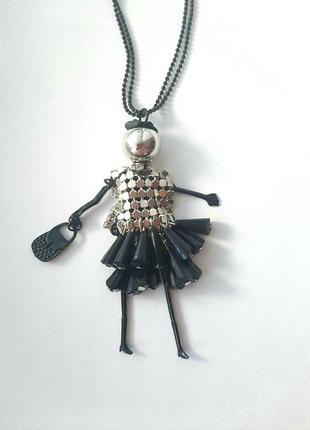 Кулон "стильная леди" новый тренд ожерелье подвеска модная куколка цепь цепочка чёрный серебро серебрянный кукла колье на шею повседневная вечерняя6 фото